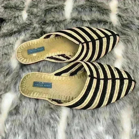 Proud Mary Raffia Slip On Shoes wicker black tan sz 8 - Picture 4 of 8